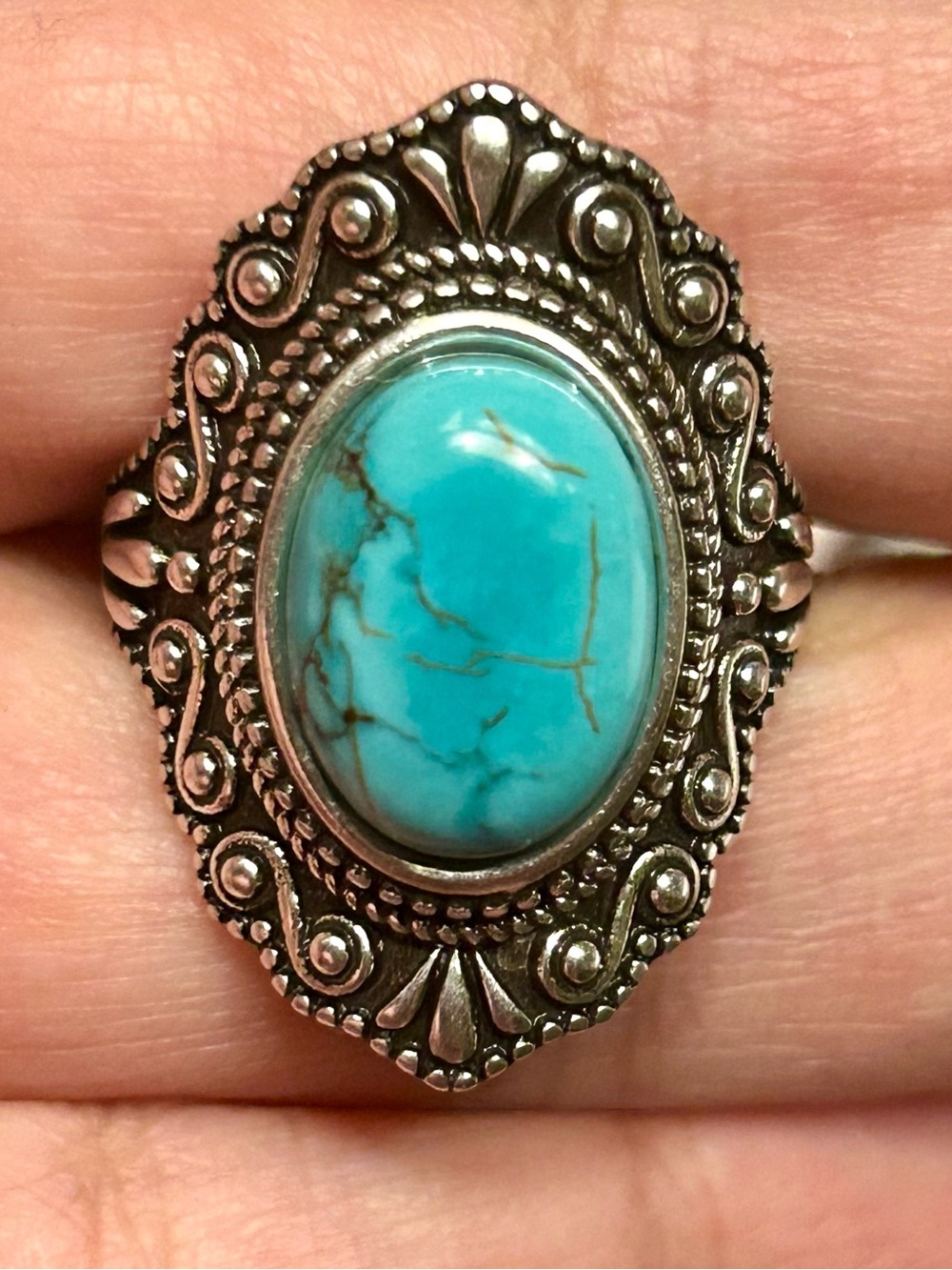 Turquoise Oval Ring Silver S 925 Filigree Vintage design new jewelry boho